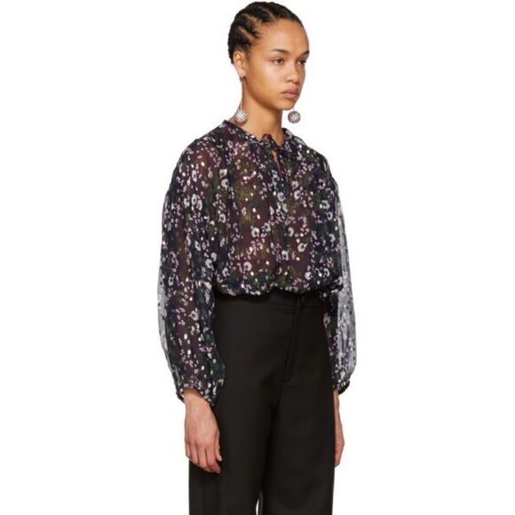 Isabel Marant Mia Silk Blue Midnight Blouse Floral Long Sleeve Size 4 - Picture 5 of 13